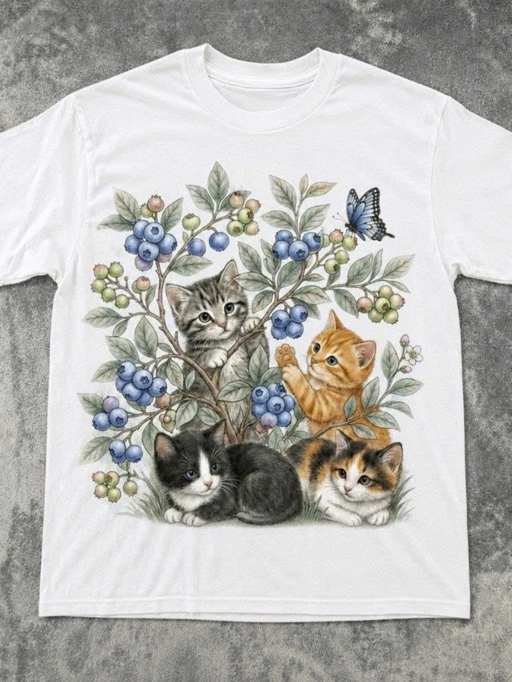 Soft White Cat & Blueberry Art Tee - Cute Kittens Graphic